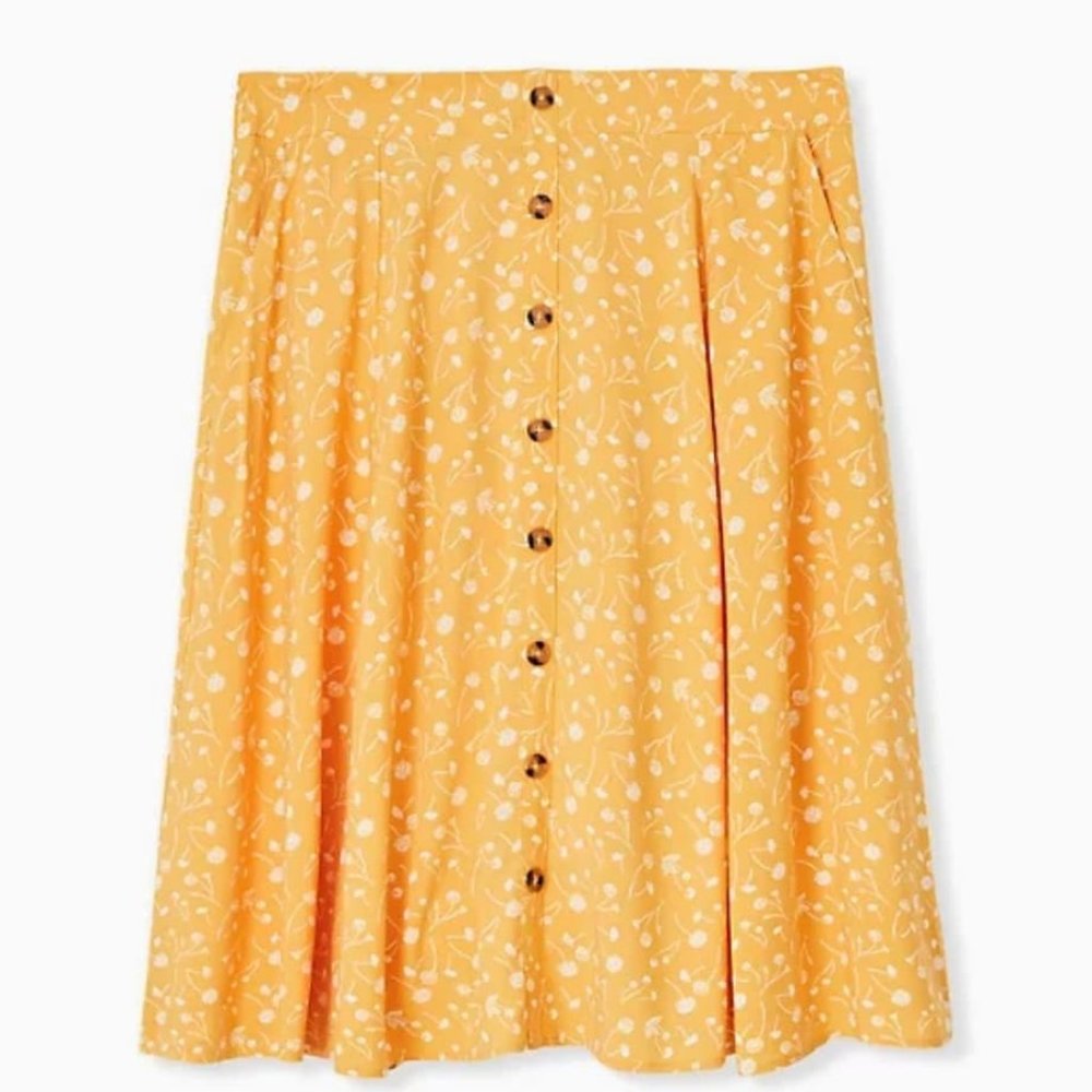 Mustard Yellow Floral Challis Button Midi Skirt size 1